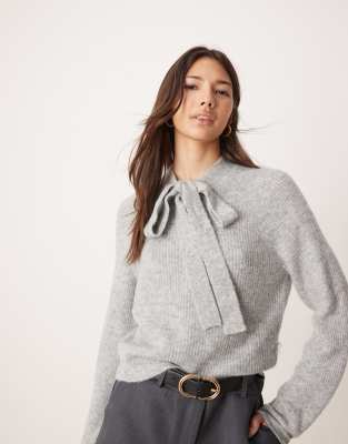 Miss Selfridge Tie Neck Knit Sweater In Gray Heather