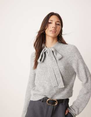 tie neck knit sweater in gray heather