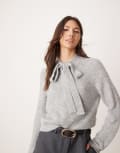 [Miss Selfridge] Miss Selfridge tie neck knitted jumper in grey marl XS Grey marle