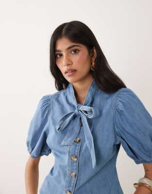 Miss Selfridge Tie Neck Puff Sleeve Denim Top In Blue