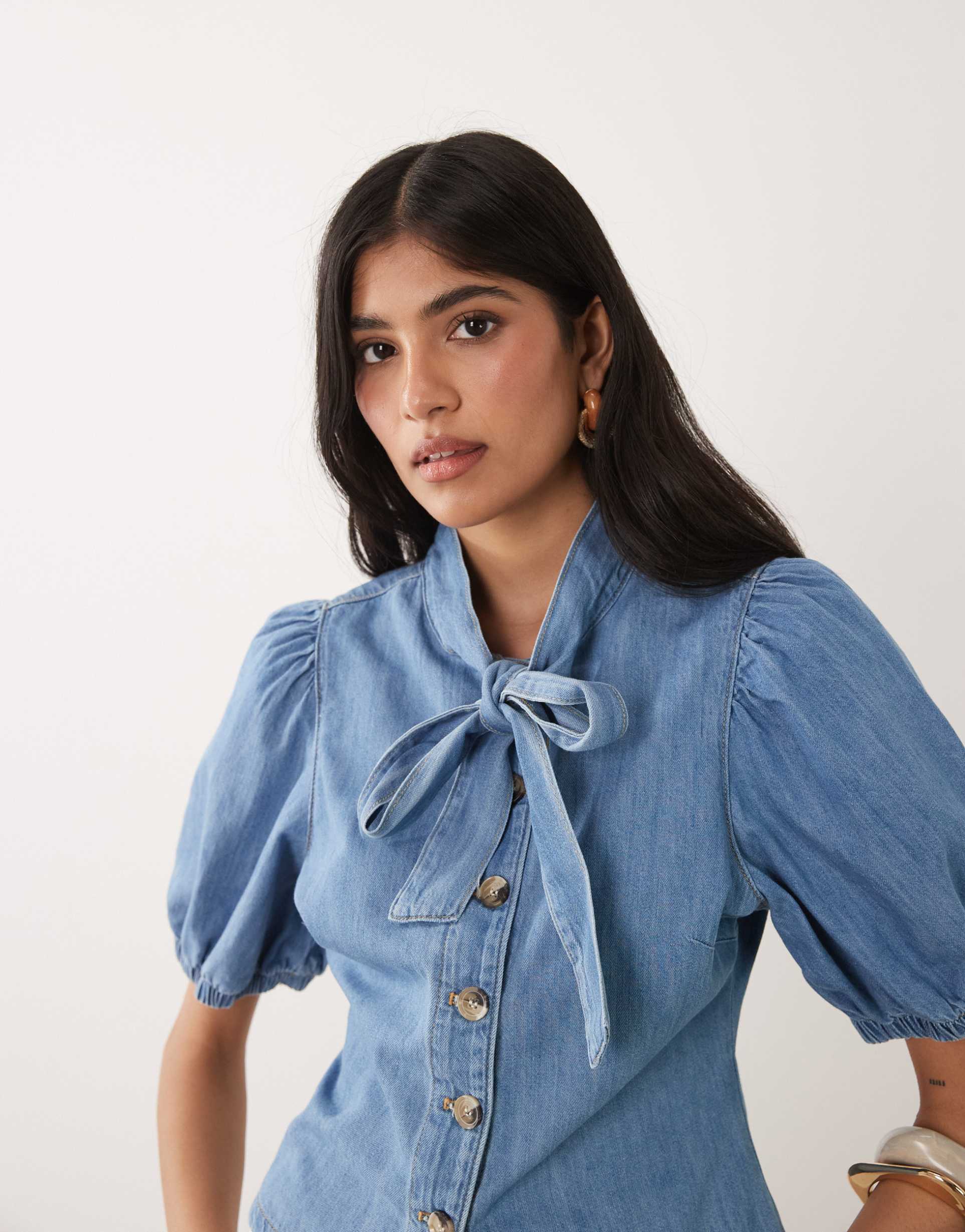 miss selfridge tie neck puff sleeve denim top in mid blue wash