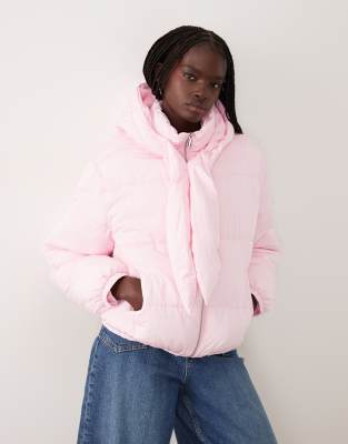 Miss Selfridge Tie Neck Puffer Coat In Pink