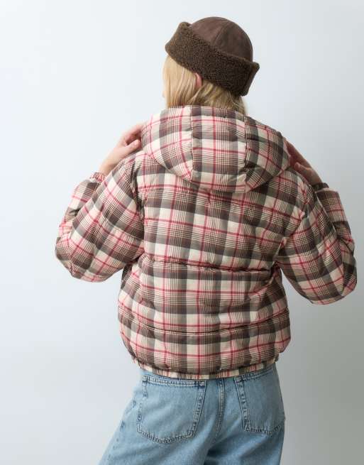 Miss Selfridge tie neck puffer coat in check, 2 of 5