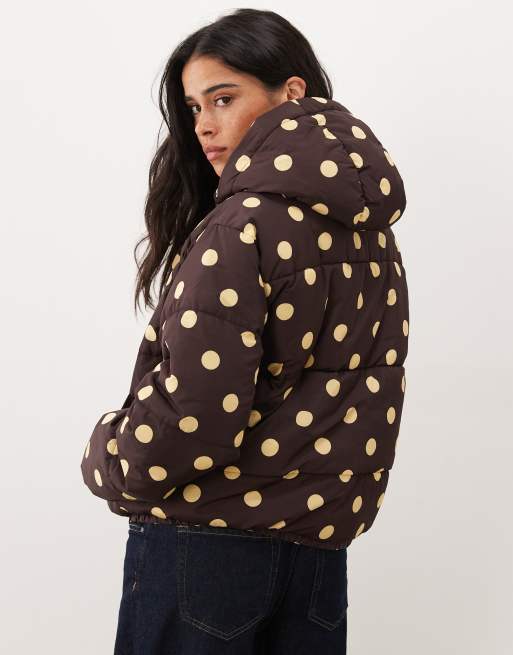 Miss Selfridge tie neck puffer coat in chocolate polka dot, 2 of 4