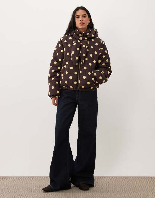 Miss Selfridge tie neck puffer coat in chocolate polka dot, 3 of 4