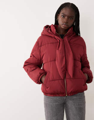 Miss Selfridge Tie Neck Puffer Coat In Red