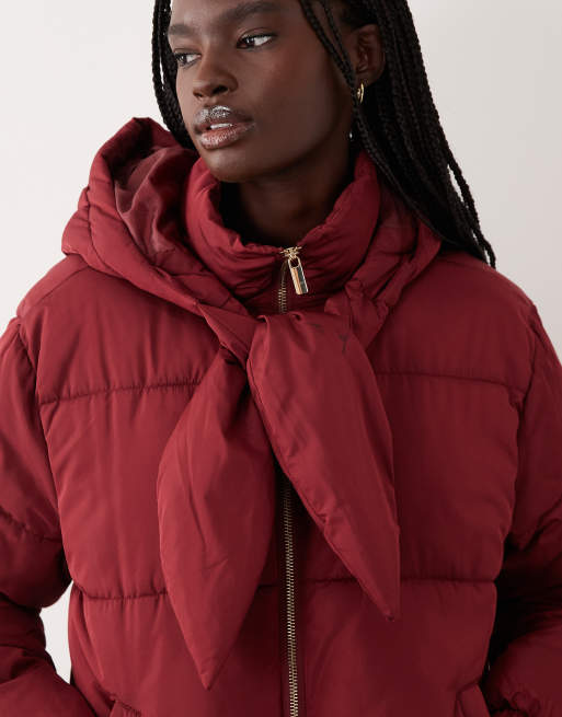 Miss Selfridge tie neck puffer coat in wine, 3 of 4