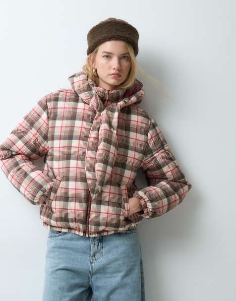 Miss Selfridge tie neck puffer jacket in check - view 1