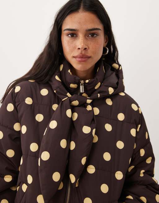 Miss Selfridge tie neck puffer jacket in chocolate polka dot, 4 of 4