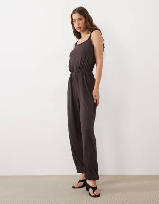 Miss Selfridge Tie Shoulder Balloon Pants Jumpsuit In Brown