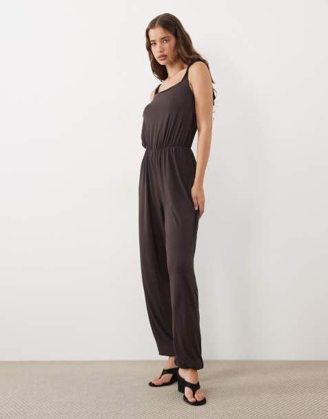 Miss Selfridge tie shoulder balloon pants jumpsuit in chocolate - view 1