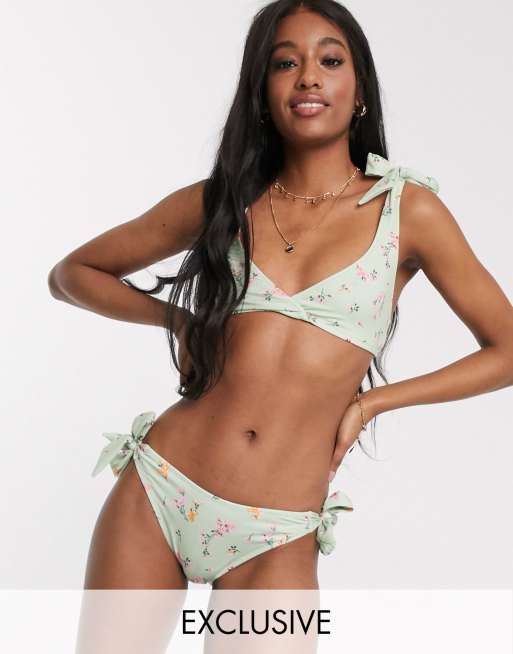 Monki satin tie shoulder bra in vintage floral print