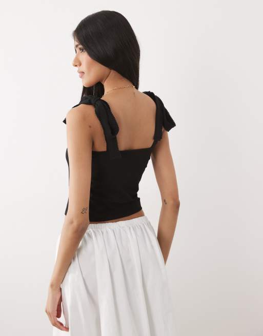 Miss Selfridge tie shoulder corset top in black, 4 of 4