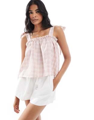 Miss Selfridge tie shoulder gingham top-Pink