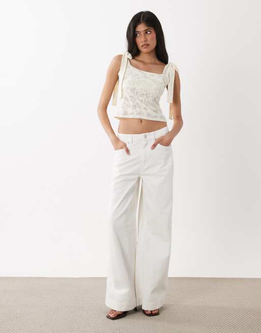 Miss Selfridge tie shoulder jacquard top in cream, 2 of 4