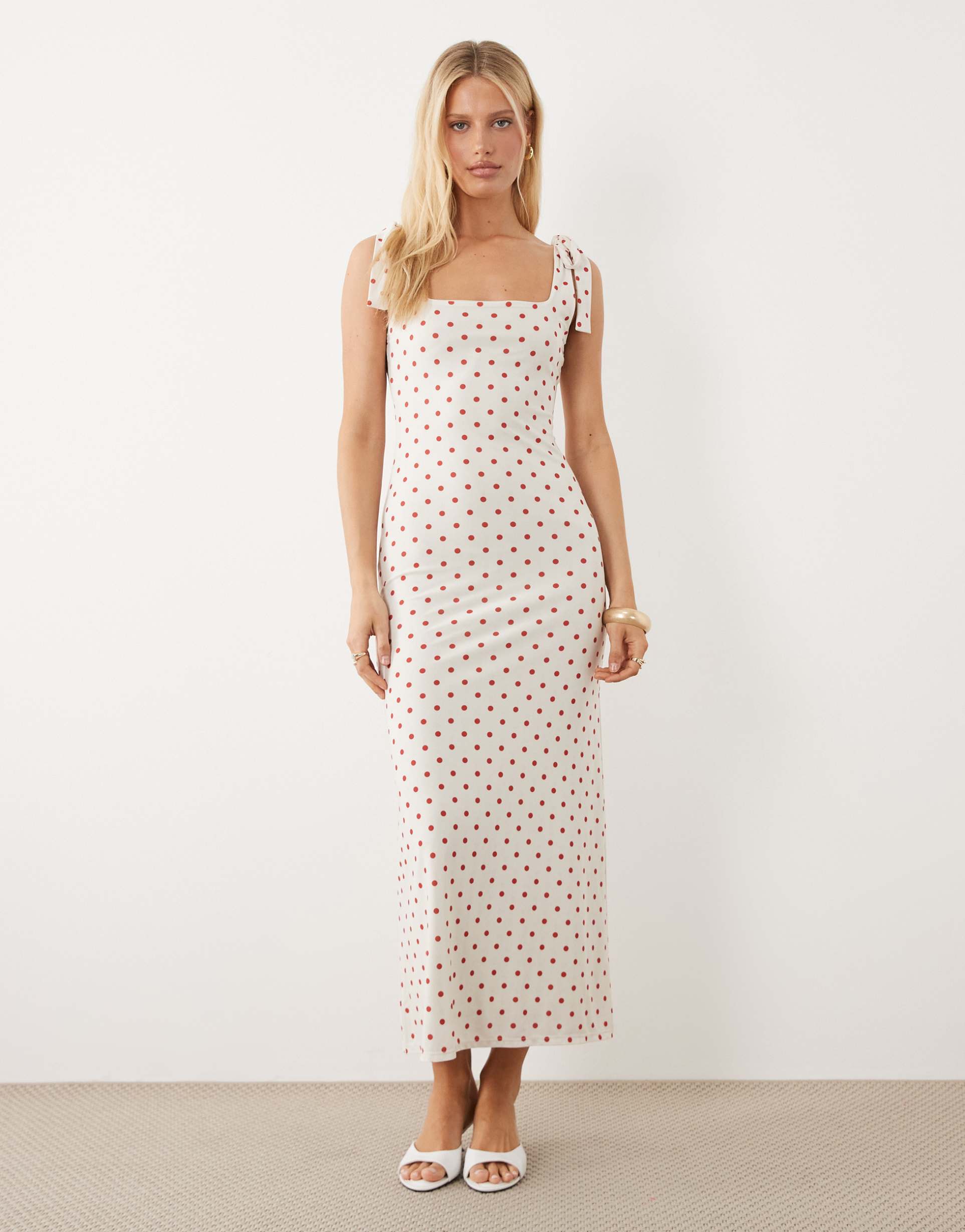 miss selfridge tie shoulder maxi dress in cream polka dot print