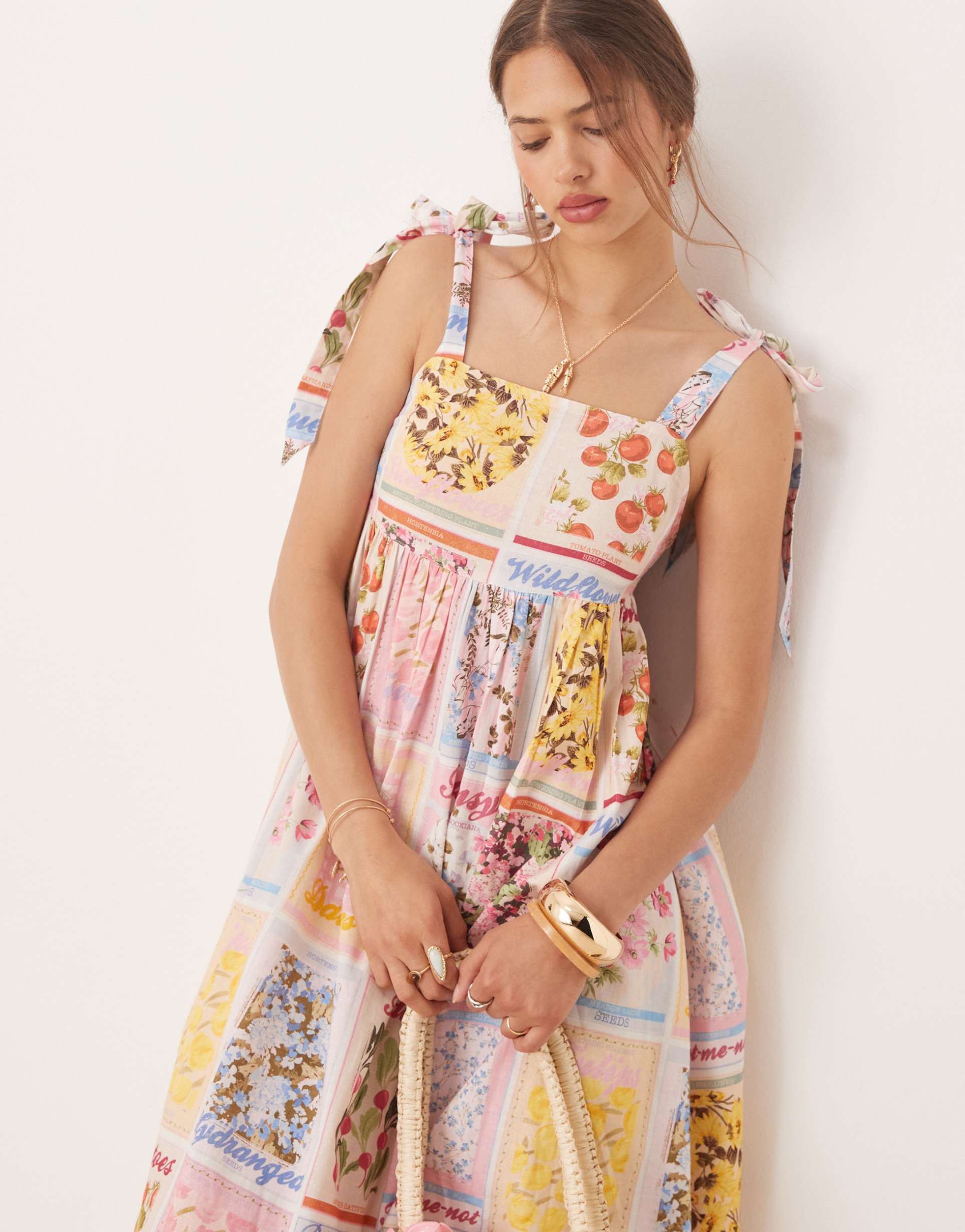 miss selfridge tie shoulder postcard print maxi dress in multi