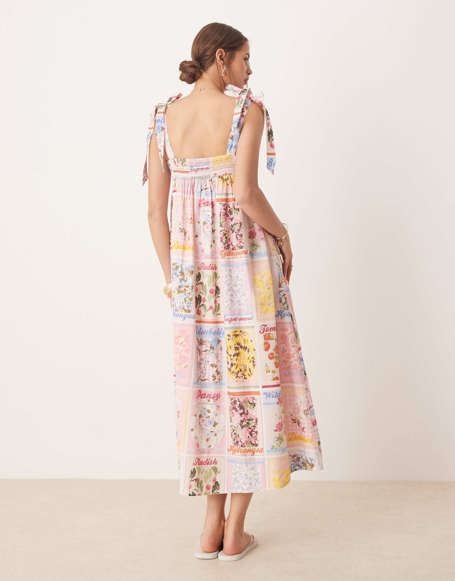 miss selfridge tie shoulder postcard print maxi dress in multi
