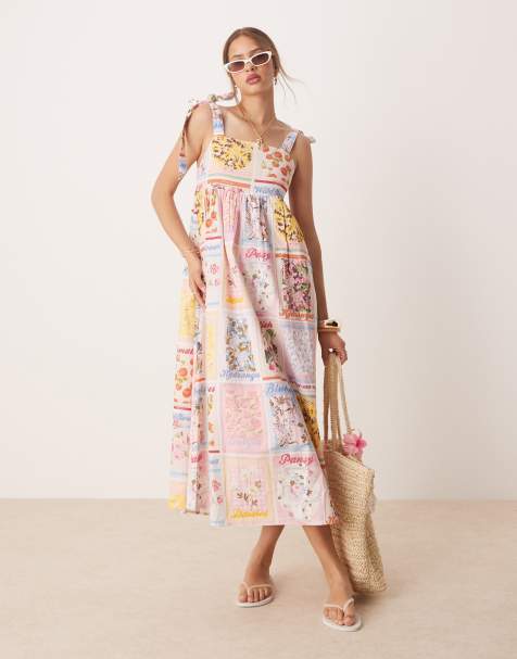 Miss Selfridge tie shoulder postcard print maxi - view 1