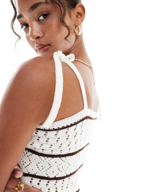 Miss Selfridge tie shoulder stripe crochet halterneck beach mini dress in cream