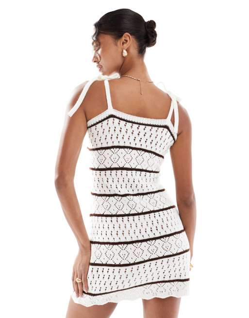 Miss Selfridge tie shoulder stripe crochet halterneck beach mini dress in cream