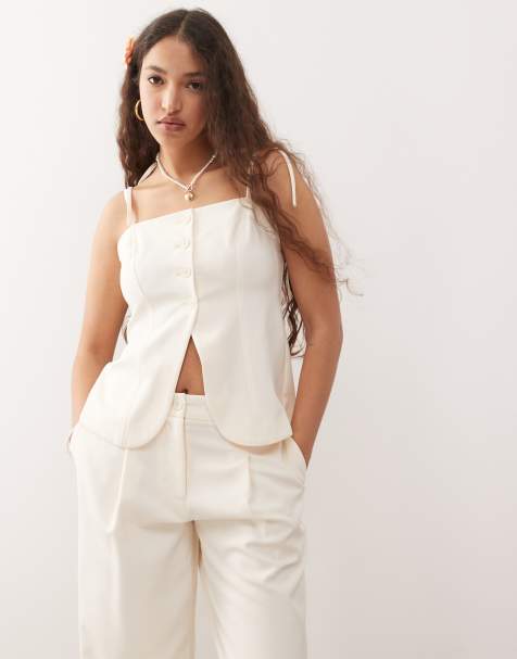 Miss Selfridge tie shoulder tailored vest in cream - part of a set - view 1