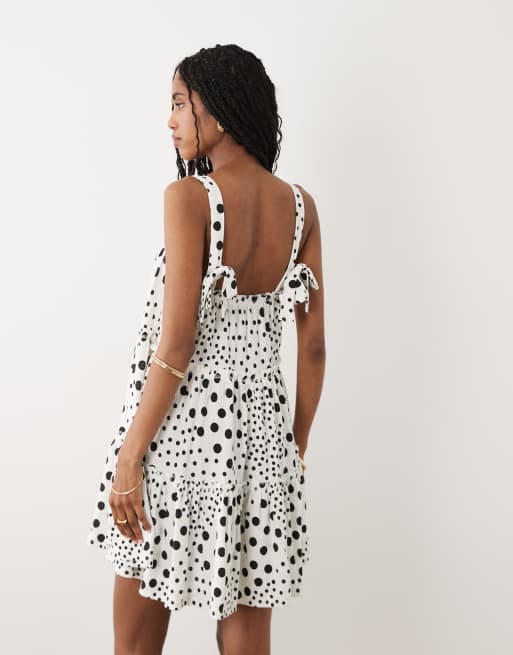 Miss Selfridge tie shoulder tiered smock mini dress in polka dot print, 2 of 4