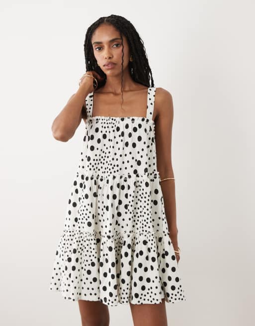 Miss Selfridge tie shoulder tiered smock mini dress in polka dot print, 3 of 4