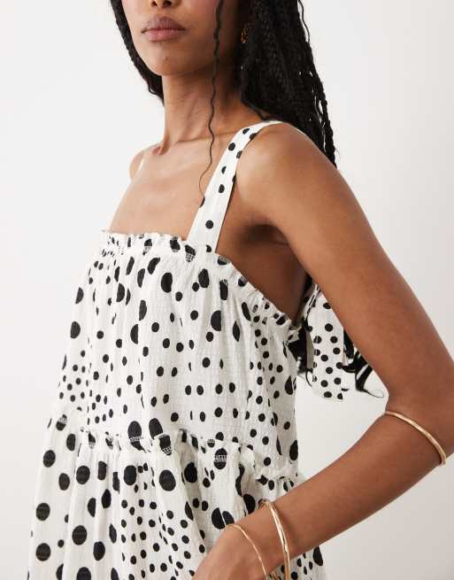 Miss Selfridge tie shoulder tiered smock mini dress in polka dot print, 4 of 4