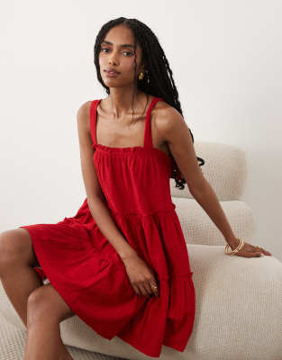 Miss Selfridge Tie Shoulder Tiered Smock Mini Dress In Red