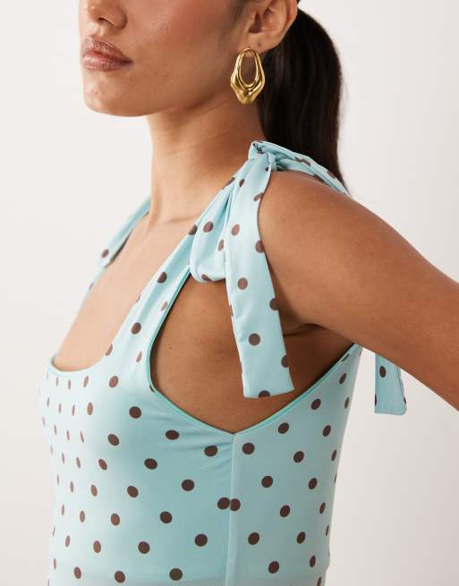 Miss Selfridge tie shoulder top in blue polka dot print, 3 of 4
