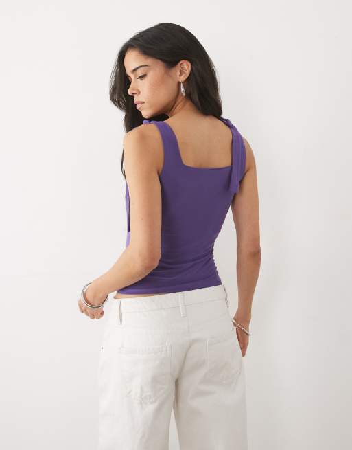 Miss Selfridge tie shoulder top in purple, 4 of 4