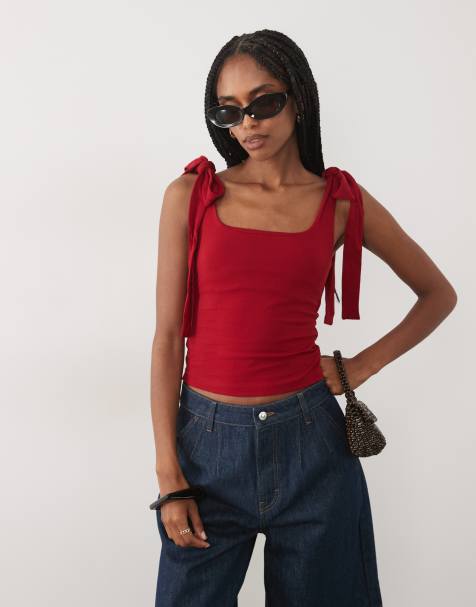 Miss Selfridge tie shoulder top in red - view 1