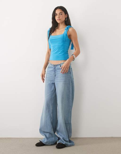 Miss Selfridge tie shoulder top in turquoise, 2 of 4
