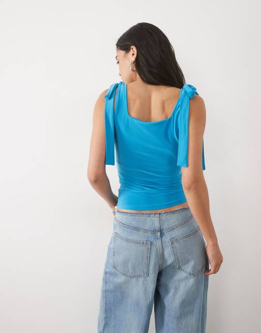 Miss Selfridge tie shoulder top in turquoise, 3 of 4