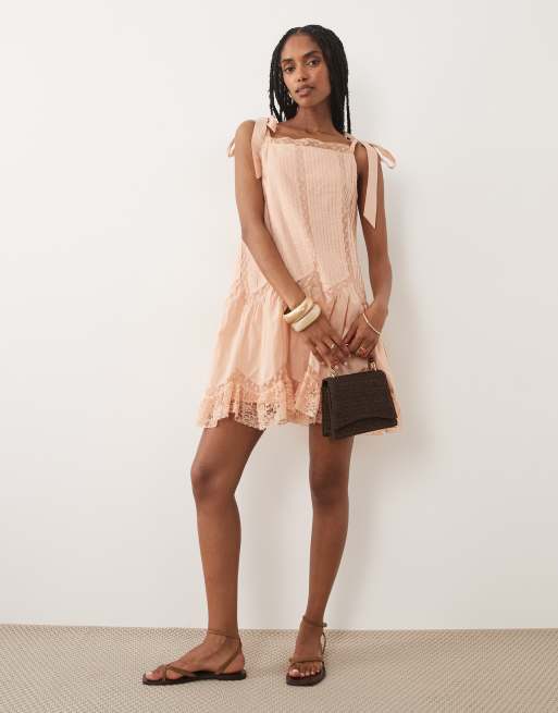 Miss Selfridge tie shoulders lace inserts mini dress in peach, 3 of 4