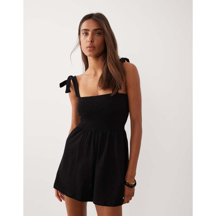 Miss Selfridge tie shoulders romper in black seersucker | ASOS