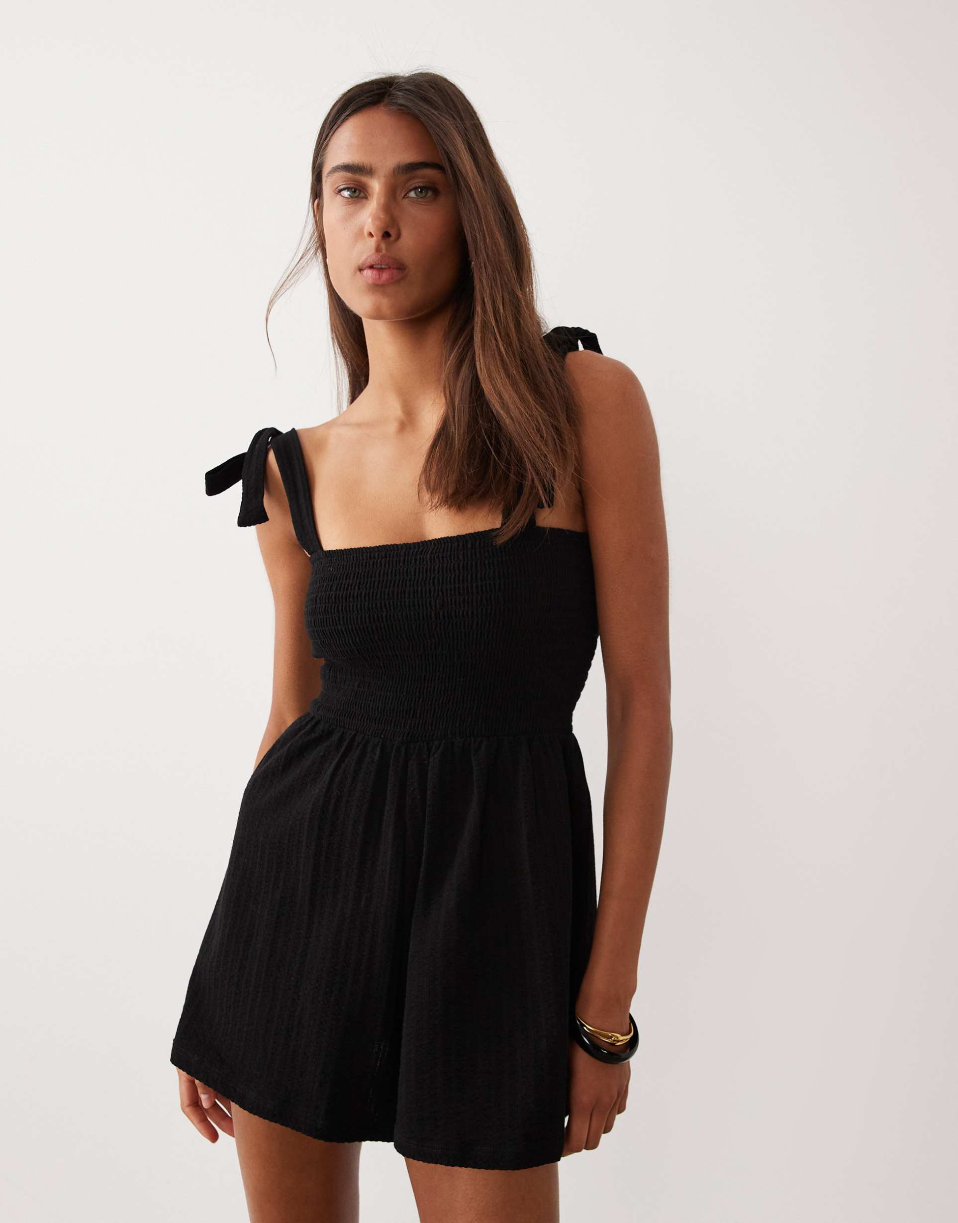 miss selfridge tie shoulders romper in black seersucker