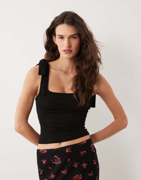 Miss Selfridge tie shoulders top in black - view 1