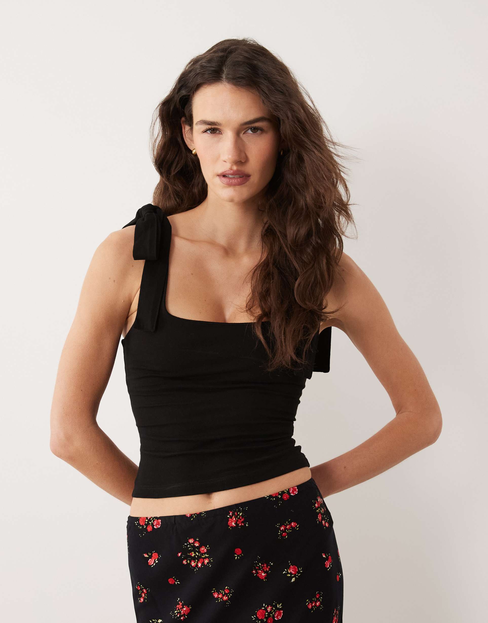 miss selfridge tie shoulders top in black