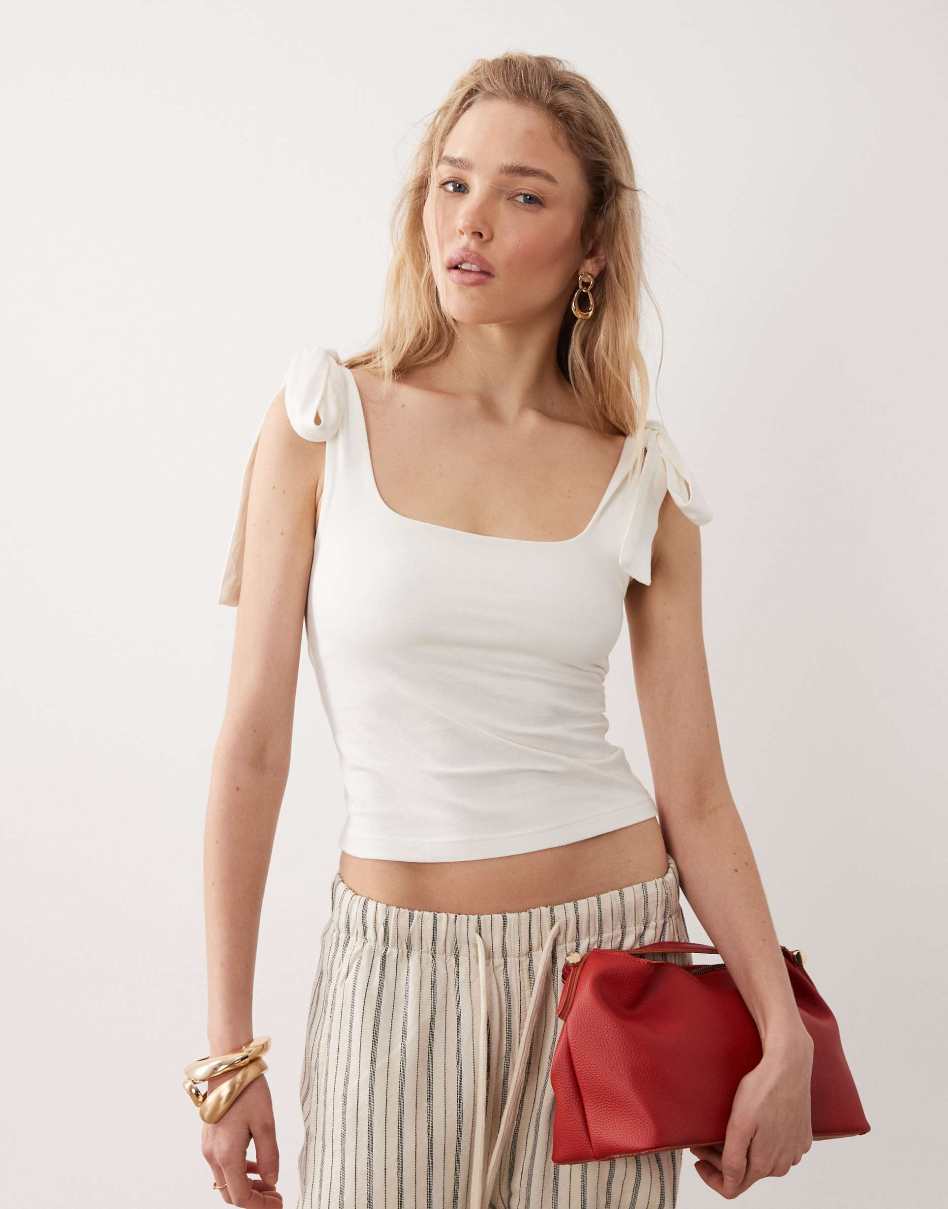 miss selfridge tie shoulders top in cream