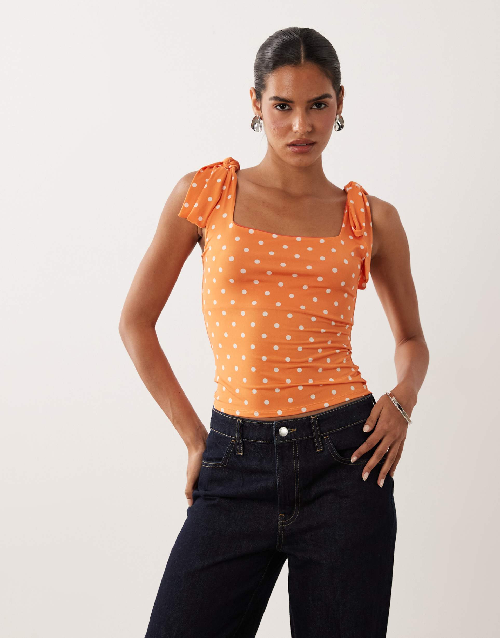 miss selfridge tie shoulders top in orange polka-dot print