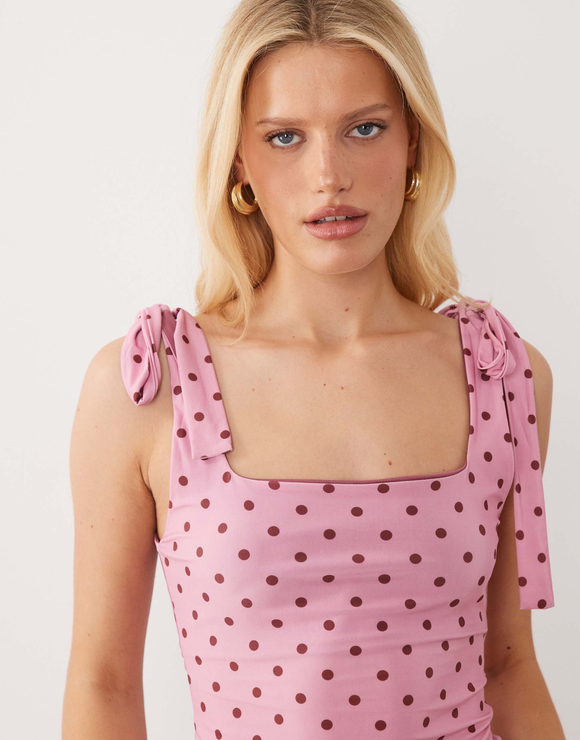 miss selfridge tie shoulders top in pink and brown polka-dot print