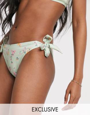 Miss Selfridge tie side bikini bottoms in mint floral-Green