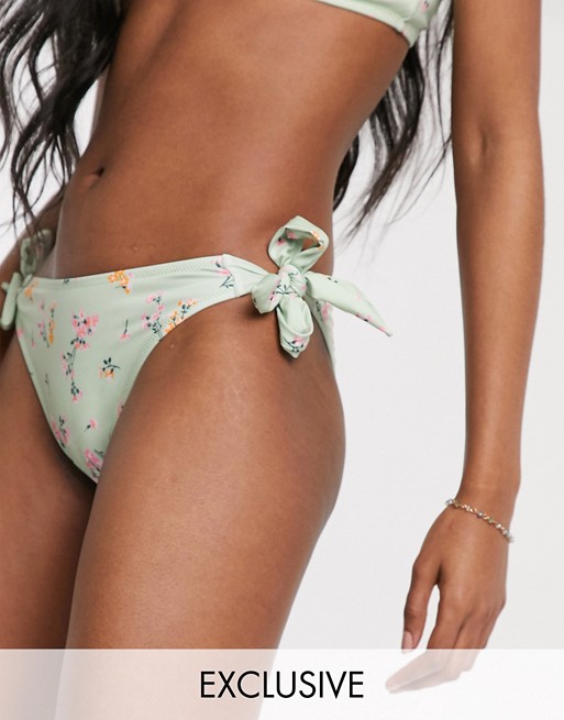 Miss Selfridge tie side bikini bottoms in mint floral