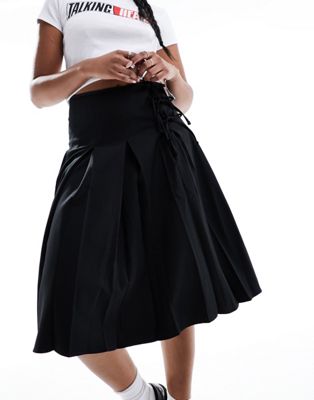 Miss Selfridge tie side midi kilt skirt in black