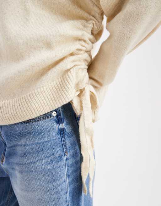 Miss Selfridge tie side ruched sweater in buttermilk, 4 of 4