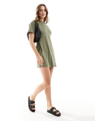 Miss Selfridge tie side t-shirt mini dress in washed khaki