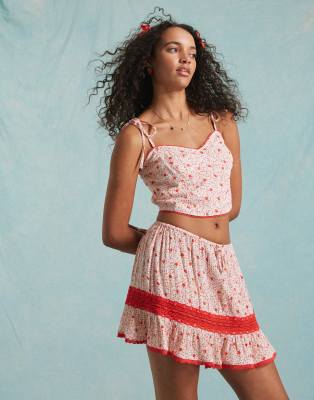 Miss Selfridge tie strap corset top co ord in strawberry print-Multi