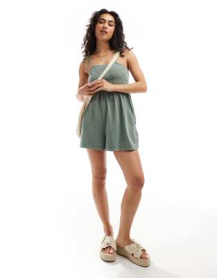 tie strap romper with embroidery in sage green